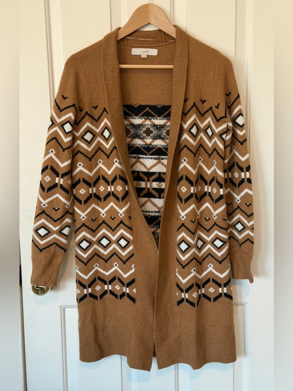 LOFT Tan Geometric Open-Front Cardigan with Black & White Detail